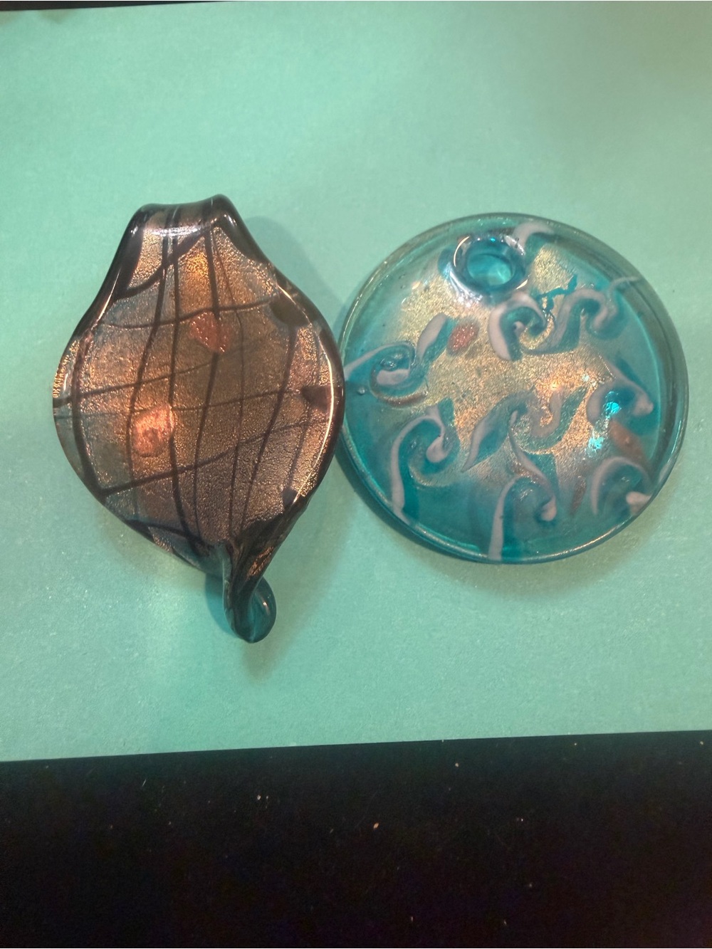 2 Vintage Glass Blown, Hand Painted Necklace Charms
